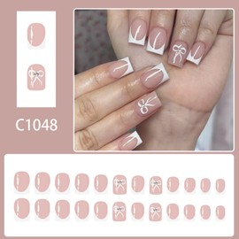 24Pcs Press on Nails French Tip - Short Square False Nails in 12 Sizes - Short Fake Nails Nude Pattern with Bowknot - Full Cover False nails with Glue French nails for Women Girls