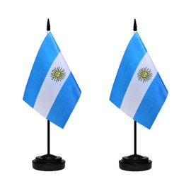 Argentina Argentine Deluxe Desk Flag Set Small Mini Miniature Argentina Argentine Table Desktop Flags With Solid Pole, Black Base and Spear Top(2 Pack)