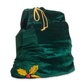 Sunnywood Santa Christmas Gift Bag Large Stretchy Velour Present Sack with Golden Drawstring, 36" x 27", Green Holly