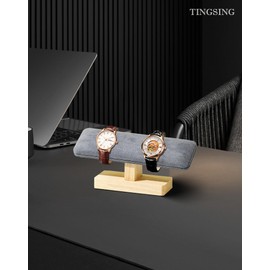 TINGSING Wooden Watch Stand, T Bar, Bracelet Holder, Stand, Faux Suede, Jewellery Organiser with Wooden Base, Watch Stand for Men and Women, for Storing Watches, Bangles, Grey, 2