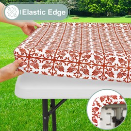 misaya Rectangle Vinyl Table Cloth, Elastic Fitted Flannel Backed Tablecloth, 100% Waterproof Plastic Table Cover Fits 6 Foot Folding Tables for Fall, Thanksgiving (Rusty, 30" x 72")