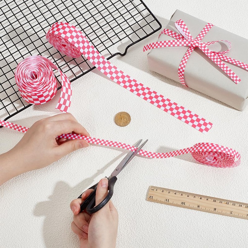PH PandaHall 3 Rolls Checkered Ribbon Pink and White Gingham