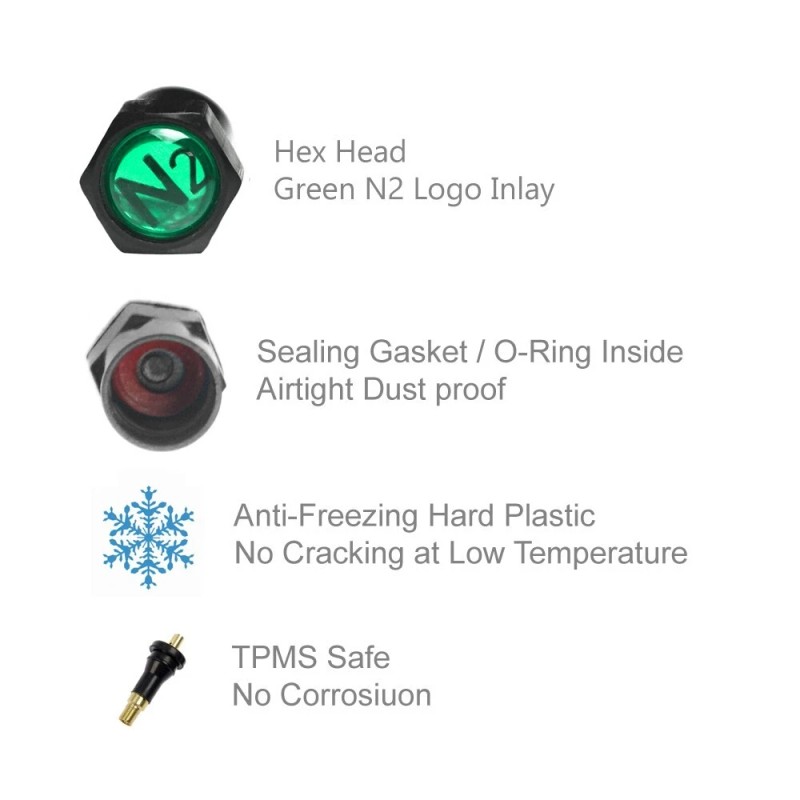Auspichoice Black TPMS Valve Stem Caps Green N2 Nitrogen Logo+Sealing