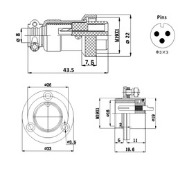 WITTKOWARE M19 Metal Connector Pair, Coupling/Mounting Plug, Screwable, Solder Connection, Strain Relief, Seal/Protective Cap, 10A, 3-Pin