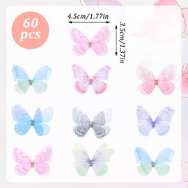 YUXIANLB 60PCS Organza Butterflies for Crafts 3D Fabric Butterflies 2 Layers Mini Butterfly Appliques Rhinestone Glitter Butterfly Embellishments Colorful Wall Decoration for DIY Wedding Party Home