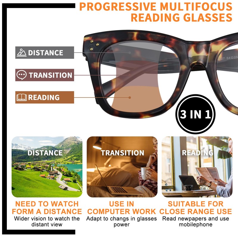 FONHCOO Progressive Reading Glasses for Women Square Blue Light Blocking