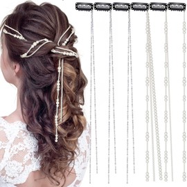 Chunyin 6 Pcs Rhinestone Hair Chains for Women Pearl Charm Rhinestone Hair Jewelry Accessories Crystal Extensions Clips Silver Gold Pins for Braids(Mixed Pearls)
