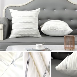 Cushion Covers 18x18 Velvet White Throw Pillow Covers Square Decorative Pillow Cases with Silver Stripe 2pcs Housse de Coussin Decoratif for Sofa Couch Bed