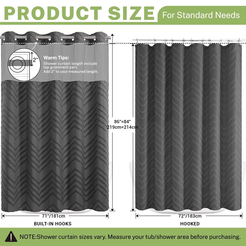 WONICY Extra Long No Hook Shower Curtain with Snap in