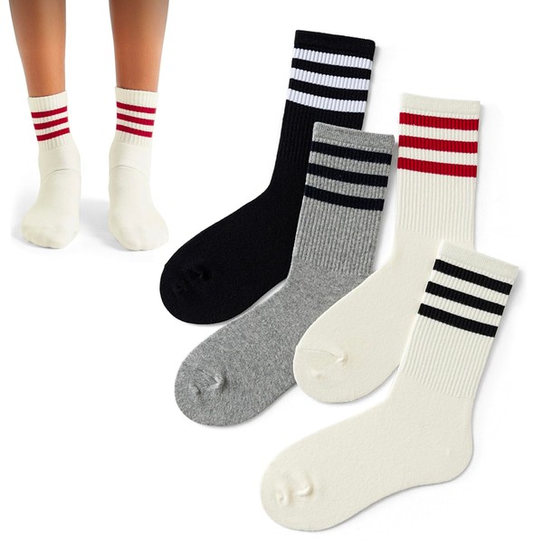 4 PAIRS Retro Stripe Tube Socks Classic Athletic Sport Crew