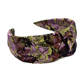 Bellefixe Knotted Headband for Women (Dark Purple Baroque), Wide Modern Knotted Black Satin Headband with Dark Purple Baroque Pattern