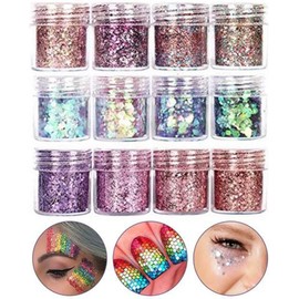 Purpurina Corporal, Juego de Purpurina PET Gruesa de 12 Colores, Maquillaje para Festivales DIY Seguro para la Piel, Ideal para Arte Facial, Corporal, Cabello y Uñas (Colores variados)