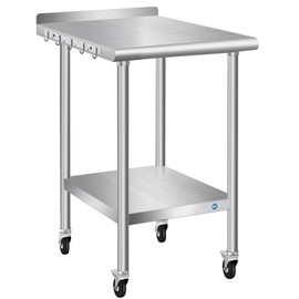 PIUMACU Stainless Steel Table with Wheels Small Stainless Table 24 x 18 Inch, Commercial All-Stainless Steel Metal Table for Kitchen Restaurant