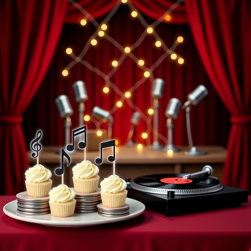 36pcs Musical Notes Cupcake Toppers，Black Glitter Note Cupcake Picks For