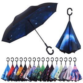 Wxjiahetai Inverted Reverse Umbrella with C-shaped Handle Windproof Upside Down Umbrellas for Rain Double Layer Hands Free Umbrella for Women and Men (Universe)