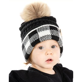 Funky Junque Girl's Knit Pom Beanie Hat: Buffalo Check - Black/White