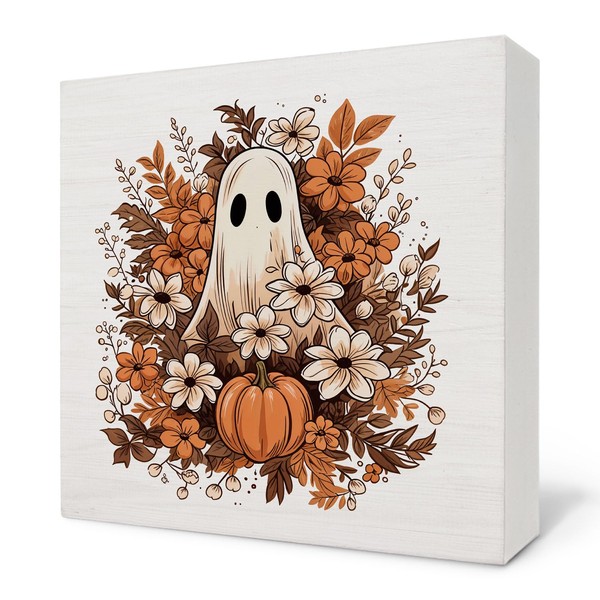 Nvotell Fall Halloween Ghost Wooden Box Sign, Halloween Table Decorations,