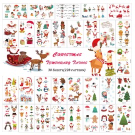 TopFunny Temporary Tattoos for Kids Christmas Makeup, 228Pcs Cartoon Tattoos (30 Sheets) Waterproof Fake Tattoo Body Art Stickers Children Party Decoration Supplies Gifts Favors Girls Boys Christmas