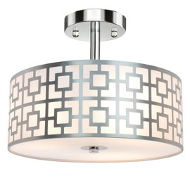 DLLT Flush Mount Ceiling Light: Modern 3-Light Brushed Nickel Kitchen Light Fixture - Drum Lighting Fixture for Dining Room - Silver Bedroom Ceiling Lamp with Double Shade