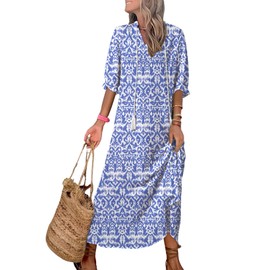 Dokotoo Formal Dresses for Women 2025 Trendy Flare Short Sleeve Tassel V Neck Elegant Boho Geometric Printed Graduation Dress Plus Size Summer Ruffle Hem A-Line Maxi Dresses Sky Blue Medium
