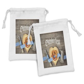 Lunarable Oktoberfest Fabric Pouch Set of 2, Oktoberfest Beer Festival Cutlery Ribbon and Cutting Board on Restaurant Table, Small Drawstring Bag for Toiletries Masks and Favors, 9" x 6", Blue Grey