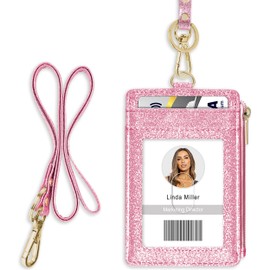 ID Badge Holder with Lanyard, Vertical Bling Shiny ID Badge Card Holder with 1 Clear ID Window, 4 Credit Card Slots, 1 Cash Coin Slot and a Detachable Neck Lanyard (Bling Pink)