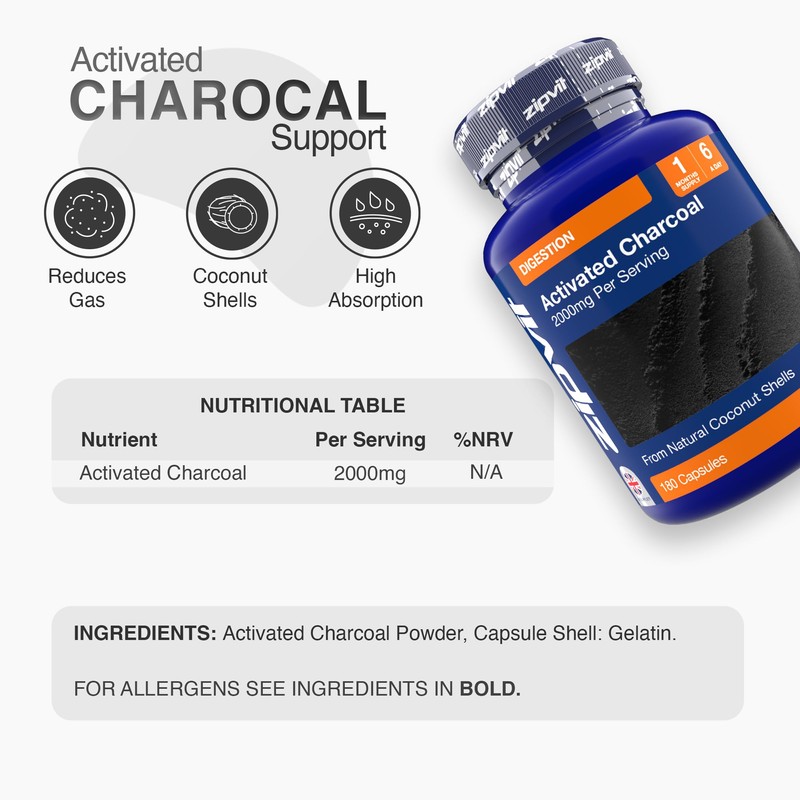 Zipvit Activated Charcoal Capsules 2000mg, Charcoal Tablets Alternative, Digestion Support