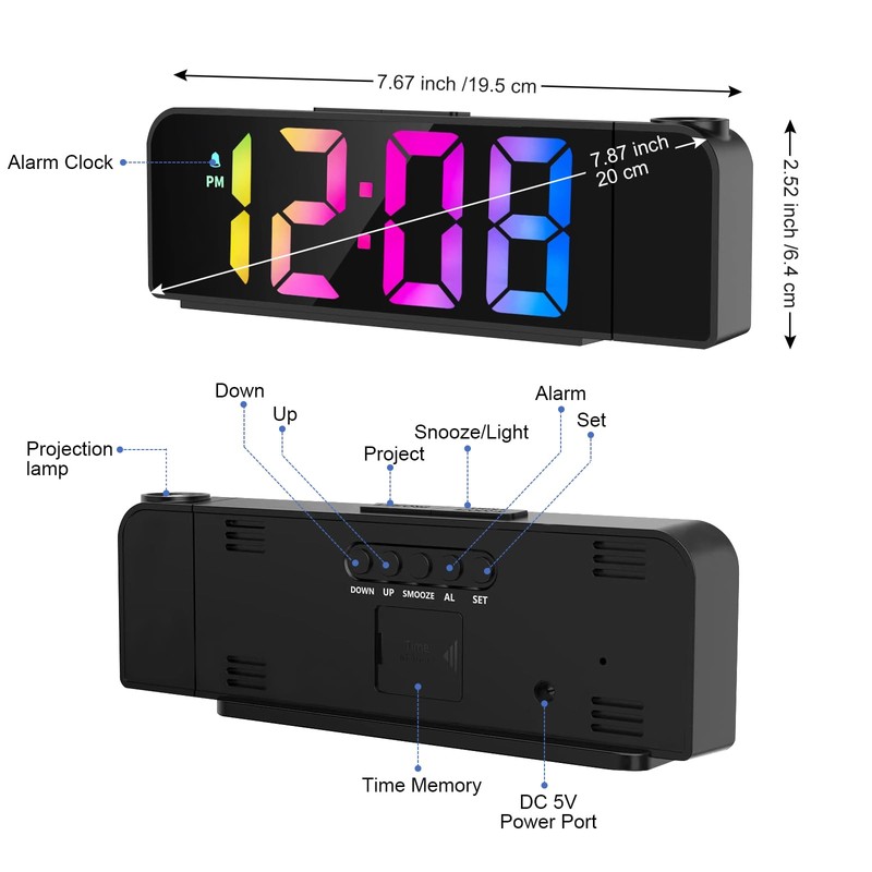 GuDoQi Projection Alarm Clock, Colorful LED Clock for Bedroom, Digital