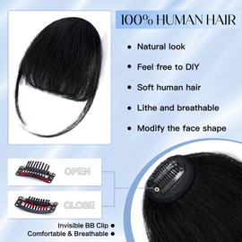 HMD Bangs Hair Clip in Bangs Real Human Hair Wispy Bangs Fringe with Temples Hairpieces for Women Clip on Air Bangs Flat Neat Bangs Hair Extension for Daily Wear(Natural Black)
