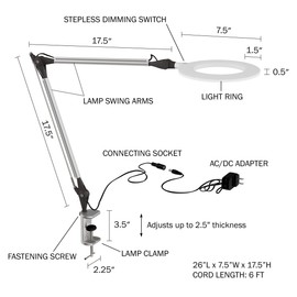 Lavish Home 72-LMPEC-1 Swing Arm Architect Task Lamp with Clamp, LED Ring Stepless Dimming-High CRI 95-Eye Friendly Light for Reading, Drafting & Office, Silver