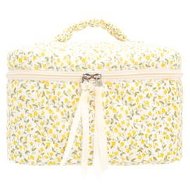 PAZIMIIK Quilted Makeup Bag Large Travel Zipper Soft Cosmetic Case for Women Girls Make Up,Floral Yellow