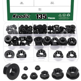 Keadic 135Pcs Nylon Hex Flange Nuts Assortment Set, M3 M4 M5 M6 M8 M10 M12 Hexagon Locknuts Lock Nut Fasteners for Furniture Machinery Industry (Black)