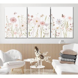 3Pcs Watercolor Wildflower Wall Art Botanical Nursery Canvas Prints Vintage Floral Pictures Flower Paintings Girls Nursery Pictures Pink Wall Decor for Living Room Bedroom Framed