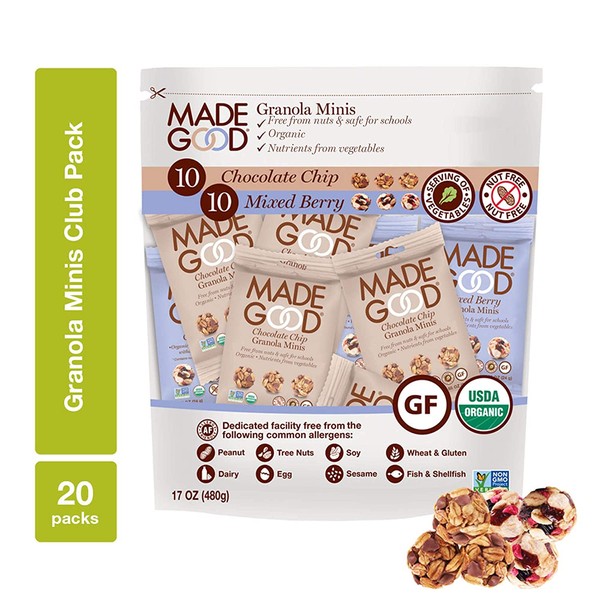 MadeGood Granola Minis Club Pack (20 ct, 0.85 oz. each); 10 Bags Chocolate Chip and 10 Bags Mixed Berry Granola Minis; Vegan, Gluten-Free, Allergy-Friendly, Organic, Non-GMO Snacks