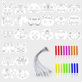 24 Masks and 3 Sets of 6 Colored Pens Coloring Blank Masks Animal Masks for Kids with Bungee Strings Animal Masks for Crafts Birthday Party Cosplay Masks