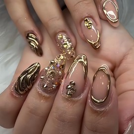 Fall Press on Nails Almond Medium Fake Nails with Rhinestones Lines Glitter Designs Gold Nails Press ons Nude False Nails for Women 24Pcs