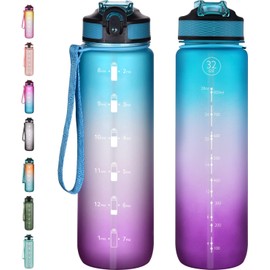 Navtue 1L Water Bottle with Straw, Sports Drinks Bottle with Time Markings, Leak Proof, Tritan BPA free for School/Cycling/Running (BluePurple)