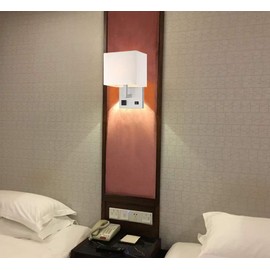 HomeFocus Bedside Wall Lamp Light with Outlet,Living Room Wall Lamp Light,Wall Sconces, Metal Satin Nickel, White Fabric Shade,Top Quality for Home and Hotel.