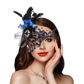 Campsis Masquerade Mask Blue Masquerade Ball Masks Feather Mardi Gras Masks Venetian Prom Costume Ball Metal Eye Mask for Women and Girls
