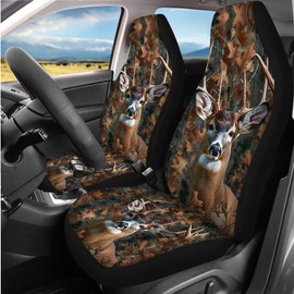 ZFRXIGN Camo Deer Car Seat Covers Full Set Front Back Split Bench Protector Car Steering Wheel Cover Seatbelts Pads Coaster Keychains Universal Fit Truck, SUV, or Van Forest Hunting Camouflage Brown