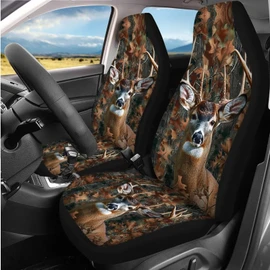 ZFRXIGN Camo Deer Car Seat Covers Full Set Front Back Split Bench Protector Car Steering Wheel Cover Seatbelts Pads Coaster Keychains Universal Fit Truck, SUV, or Van Forest Hunting Camouflage Brown