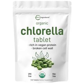 Organic Chlorella Tablets, 500mg Per Tablet, 720 Tabs (360 Grams), 4 Months Supply, Broken Cell Wall, Rich in Vegan Protein & Vitamins, No Filler, No Additives & Non-GMO | Pure Green Algae Superfood
