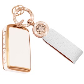 Koaudb Car Key Fob Cover for 2024-2019 Maz-da 4 Buttons for Maz-da CX-5 CX-30 CX-50 CX70 CX90 3 6 CX-9 Soft TPU Smart Key Case White Key Protector with Bling Leather Keychain(C-Mzda)