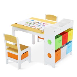 TODEFULL Kids Art Table & Chairs Set, Wooden Activity Table with 2 Chairs, Kids Craft Desk W/8 Storage Bins and Paper Roll, Toddler Furniture Set for Art, Crafts, Drawing, Reading, Natural