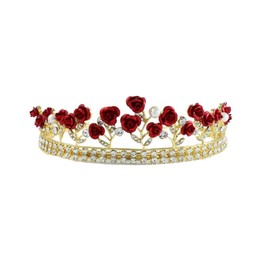 GUEDKIKL Bridal Tiara, Red Rose Princess Crown Shiny Rhinestone Headband Gold Elegant Wedding Accessory Delicated Crystal Headwear for Women Girls
