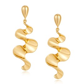 Twist Long Dangle Earrings for Women Chunky Irregular Abstract Gold Plated Geometric Earrings Bold Statement Teardrop Liquid Asymmetrical Drop Earrings