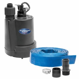 Superior Pump 91023 1/5 HP Thermoplastic Submersible Utility Pump with 10-Foot Cord, plus 1-1/2-Inch by 25-foot Lay-Flat Discharge Hose Kit