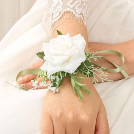 Latious White Rose Wrist Corsage Wedding Bride Wrist Flower Bridesmaids Corsages Flowergirl Hand Floral Decor Bridal Prom Party Accessories for Women and Girls