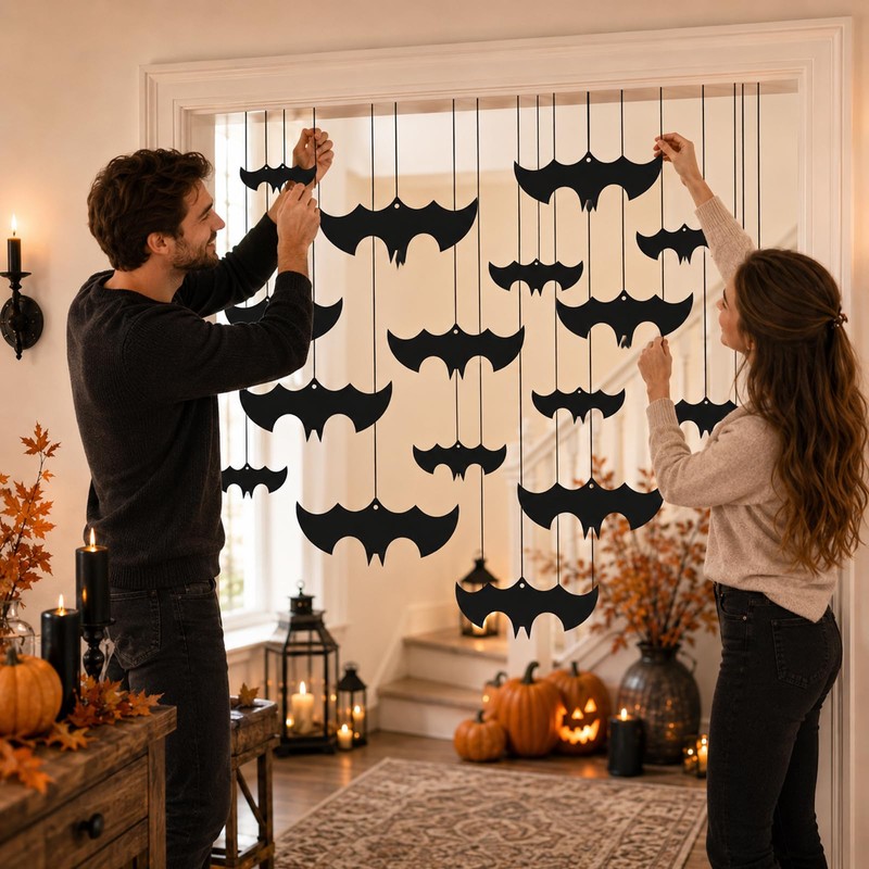 Lzahuam 16 Pcs Halloween Hanging Bats Decorations, Halloween Paper Bat