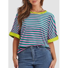 ATHMILE Women's Graphic Tees Oversized T Shirts Striped Short Sleeve Crewneck Summer Tops Casual Loose 2025 Trendy Clothes